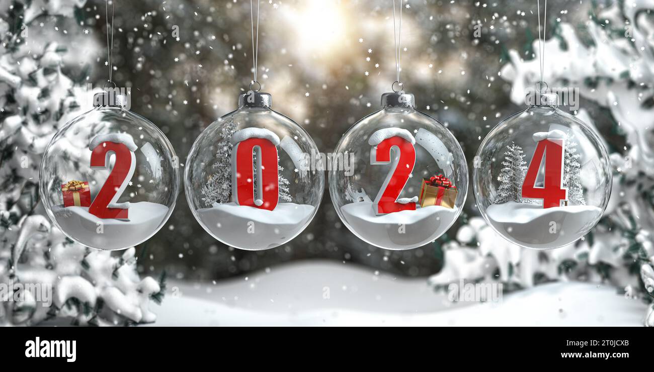 2023 Felice Anno Nuovo. Numeri 2022 con alberi di cristmas, regali e fiocchi di neve in baubles di vetro o palle, decorazione di Capodanno. illustrazione 3d Foto Stock