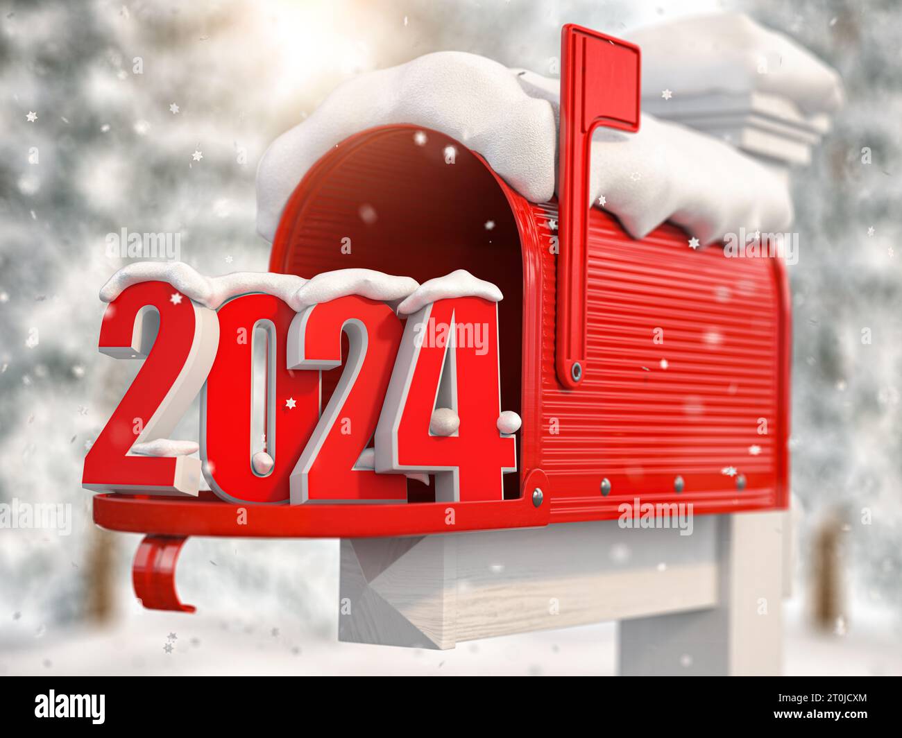 Felice anno nuovo 2024. Mailbox con lettere e numeri 2024 illustrazione 3d. Foto Stock