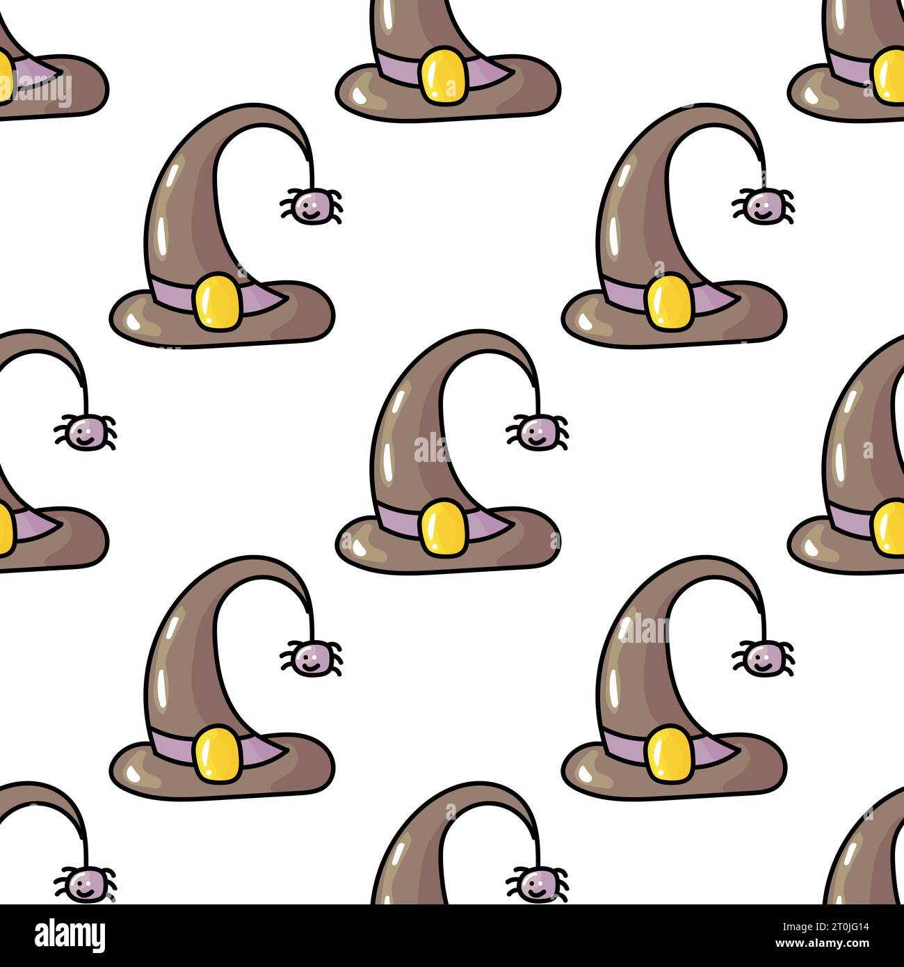 Grazioso motivo senza cuciture disegnato a mano con cappello da strega e ragno in stile doodle Illustrazione Vettoriale