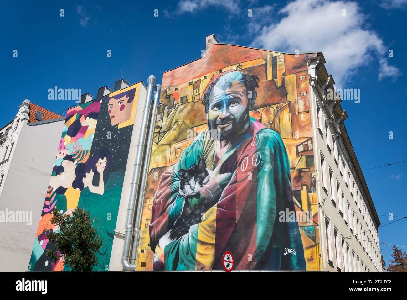 Gustav Klimt con un murale di gatto, Vienna, Austria Foto Stock