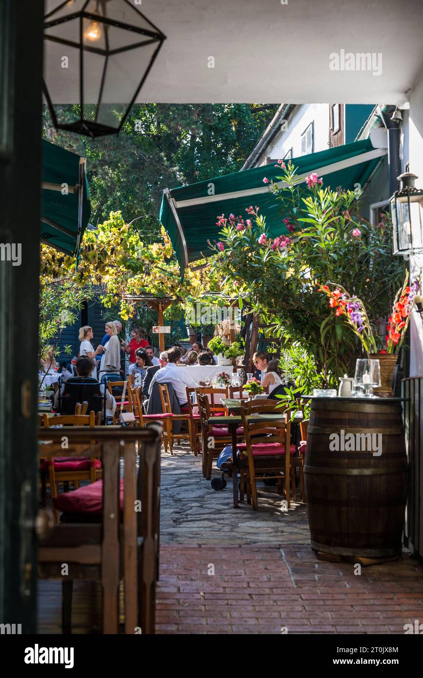 Ristorante con giardino a Heiligenstadt, nella verdeggiante periferia di Vienna, Austria Foto Stock
