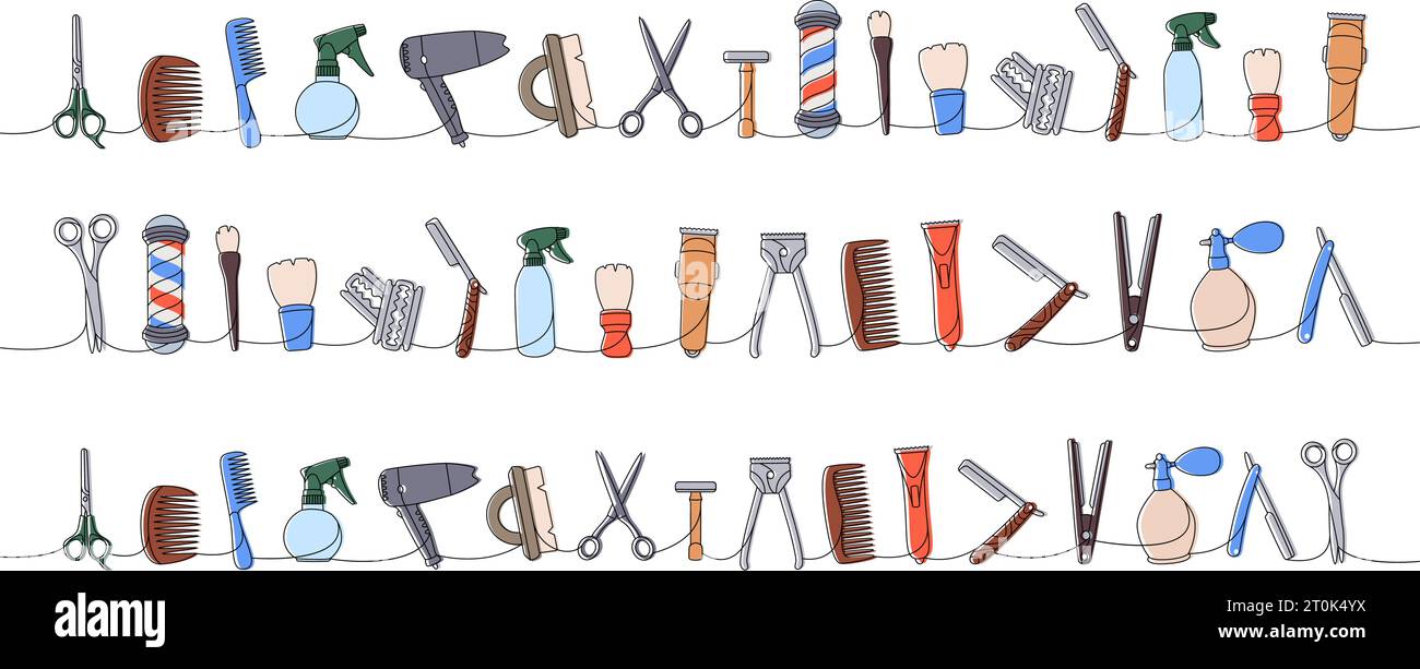 Set di strumenti per parrucchieri disegno continuo a colori su una linea. Regolacapelli, pettine, lama per rasoio affilata, piastra per capelli, forbici, asciugacapelli, spazzola Illustrazione Vettoriale