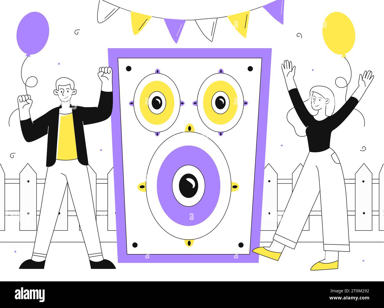 Le persone ascoltano la musica con il concetto di linea vettoriale del parco Illustrazione Vettoriale