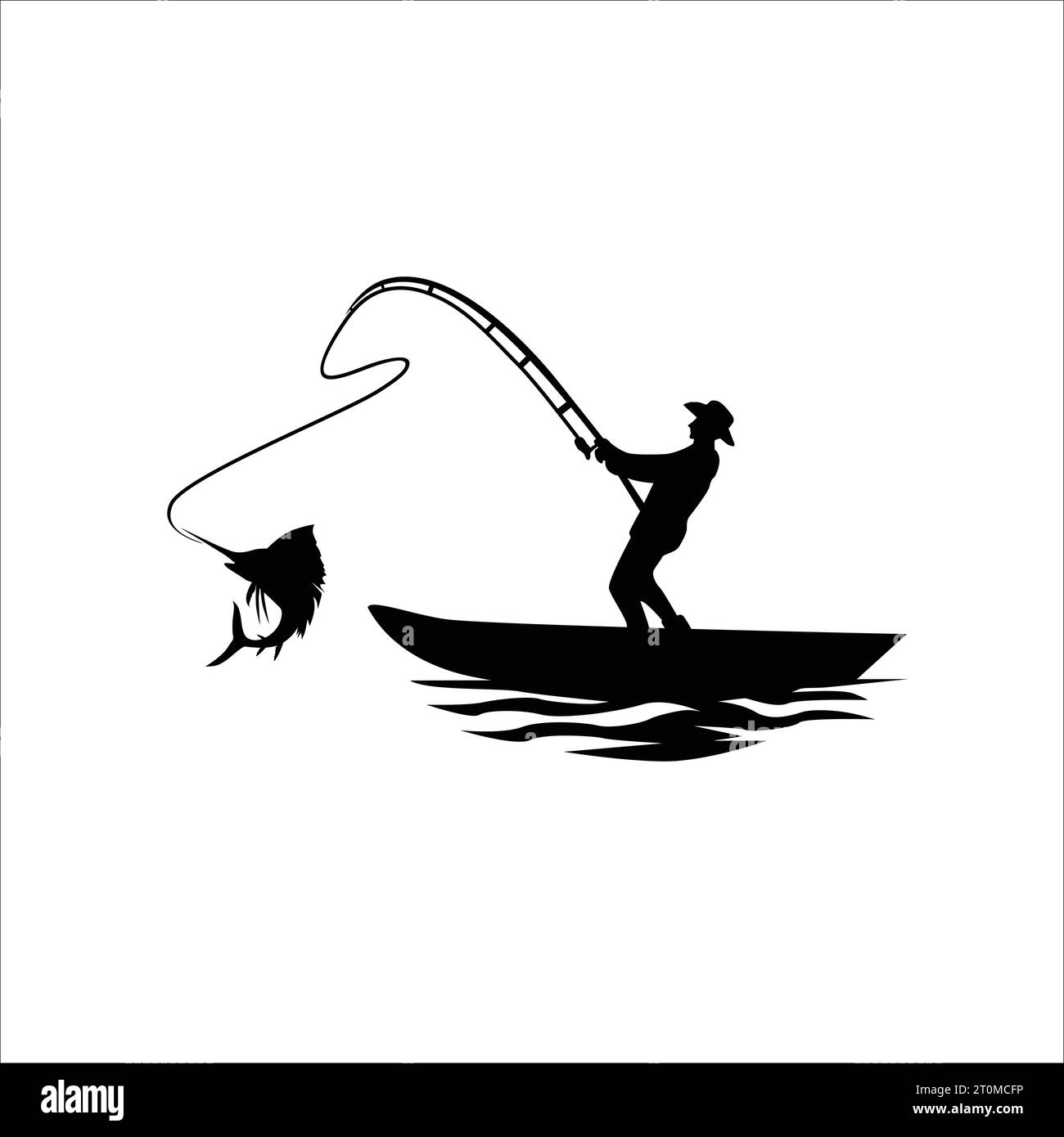 fisherman on boat illustrazione vintage silhouette logo vettoriale Illustrazione Vettoriale