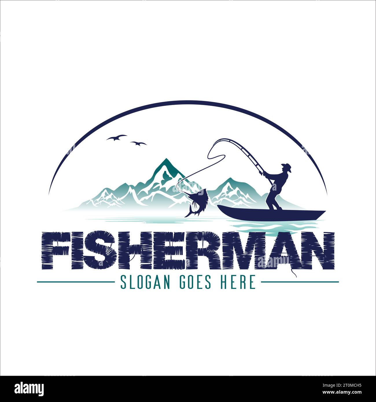 fisherman on boat illustrazione vintage silhouette logo vettoriale Illustrazione Vettoriale