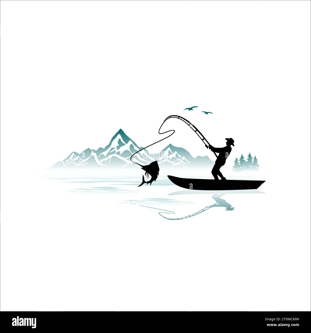 fisherman on boat illustrazione vintage silhouette logo vettoriale Illustrazione Vettoriale