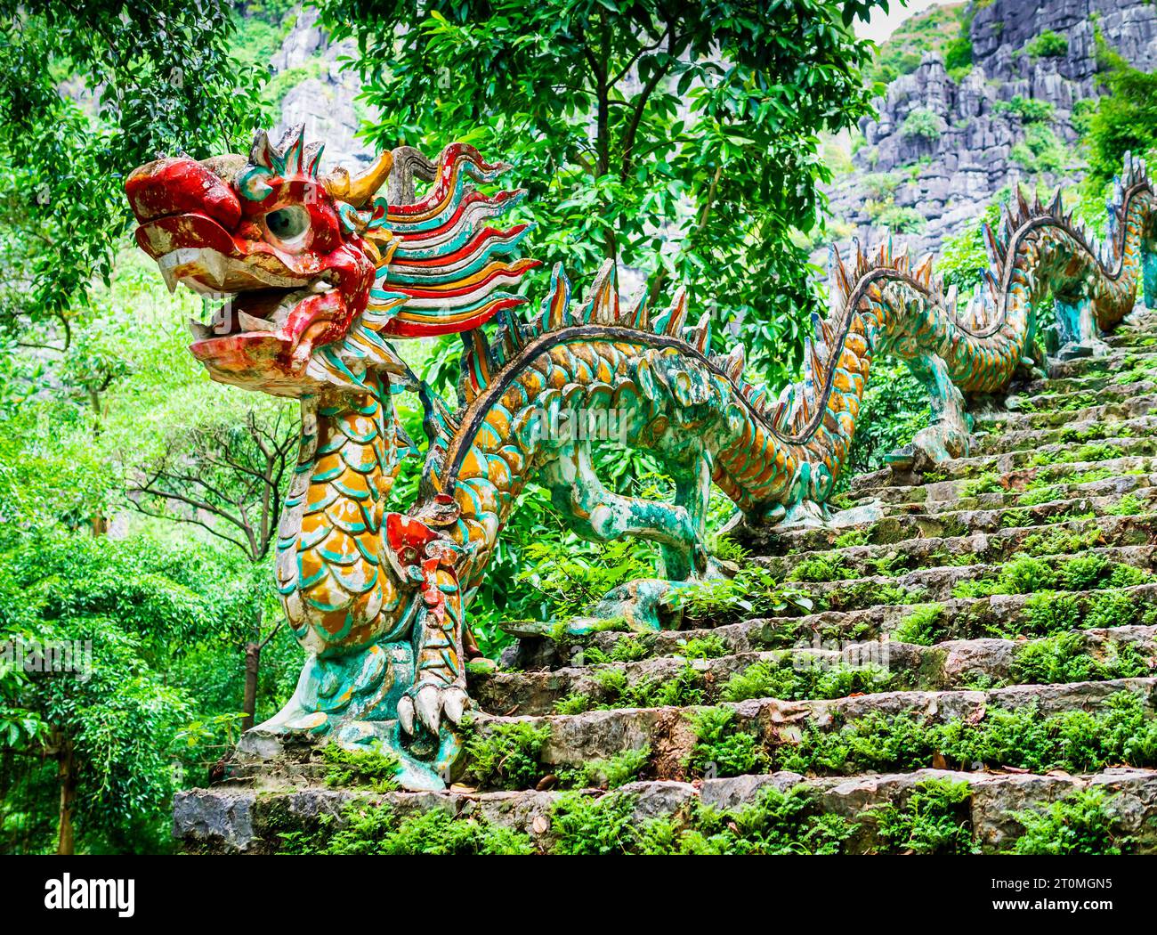 Pietra di drago scolpita lungo la scala per la pagoda di Hang Mua e la grotta di Mua, uno dei punti panoramici più belli di Ninh Binh, Vietnam Foto Stock