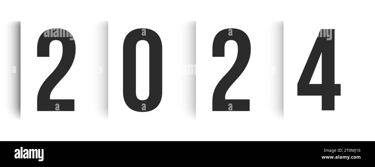 Fogli appendiabiti bianchi con 2024 numeri per biglietti di auguri creativi per il nuovo anno, inviti, poster e striscioni e calendari 2024. Nero minimalista Illustrazione Vettoriale