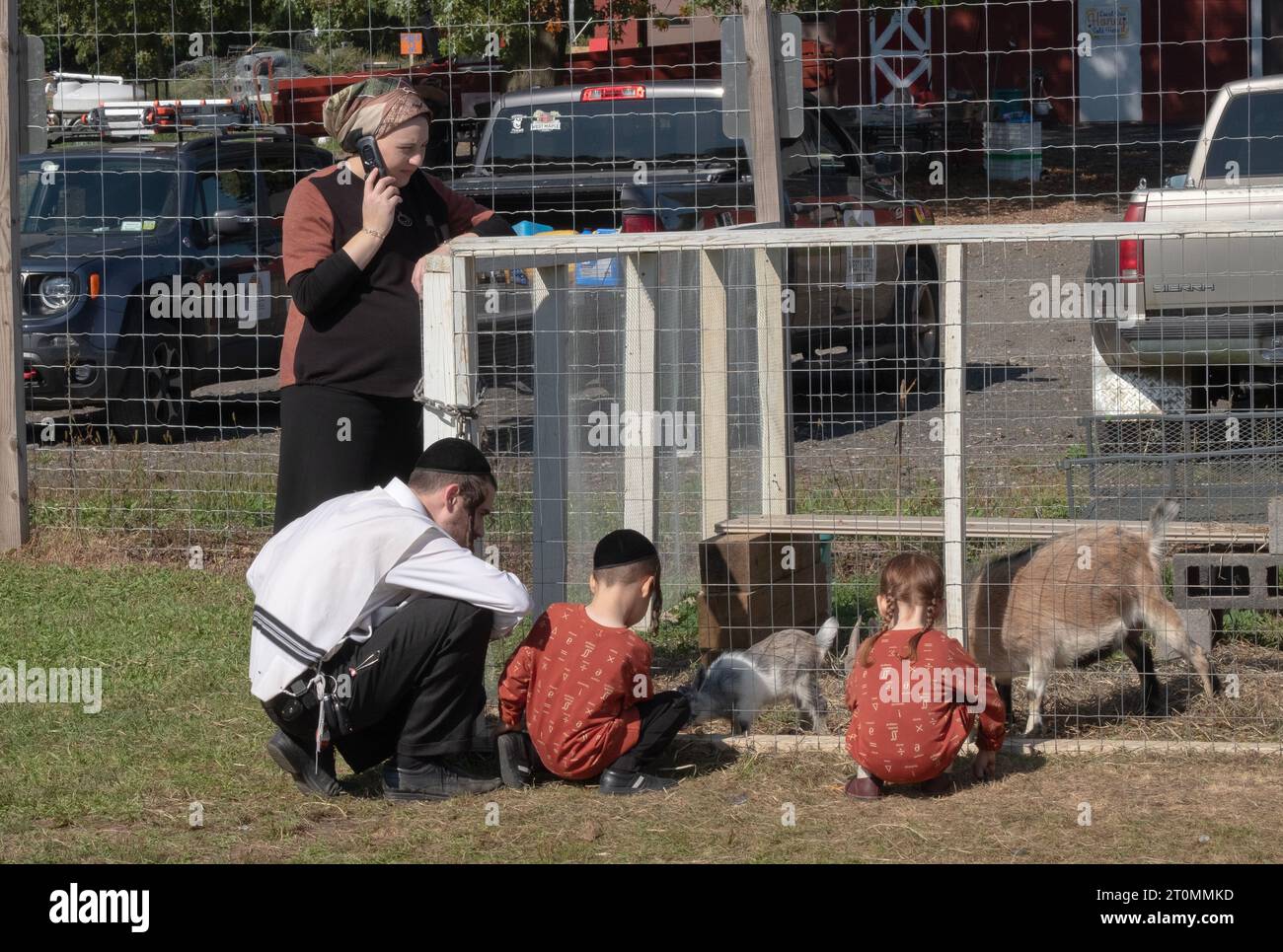 Una famiglia ebrea ortodossa celebra Sukkos visitando uno zoo di animali domestici e un luogo divertente per i bambini. A Monsey, New York. Foto Stock