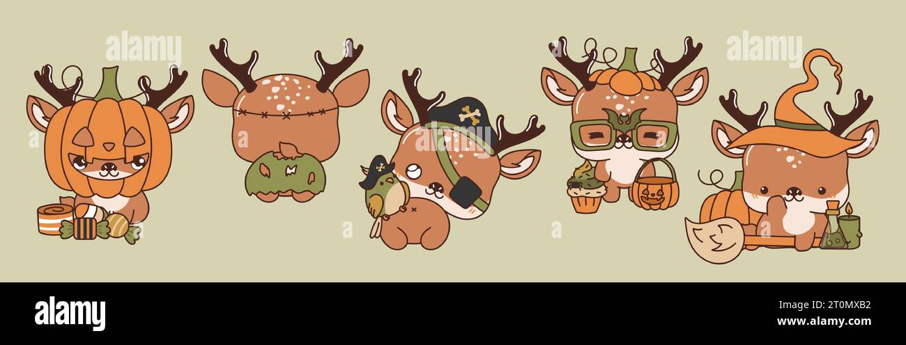 Collezione di Vector Halloween Deer Art Serie di illustrazioni isolate degli animali della foresta di Halloween Illustrazione Vettoriale