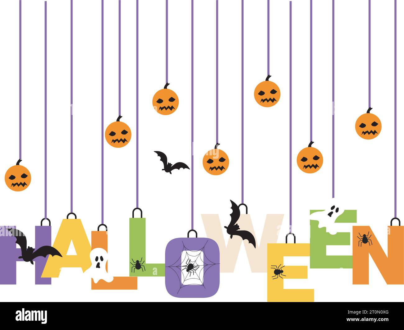 tipografia a parole colorata di halloween con zucca, pipistrello e ragno con sfondo trasparente Illustrazione Vettoriale