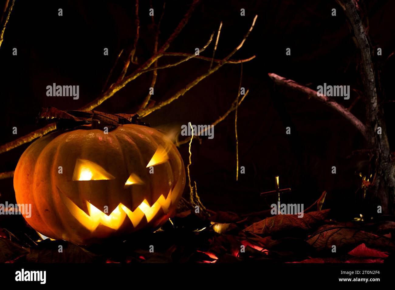 Inquietante zucca di Halloween in un cimitero infestato, sfondo di Halloween con spaventose candele di zucca nel cimitero di notte Foto Stock