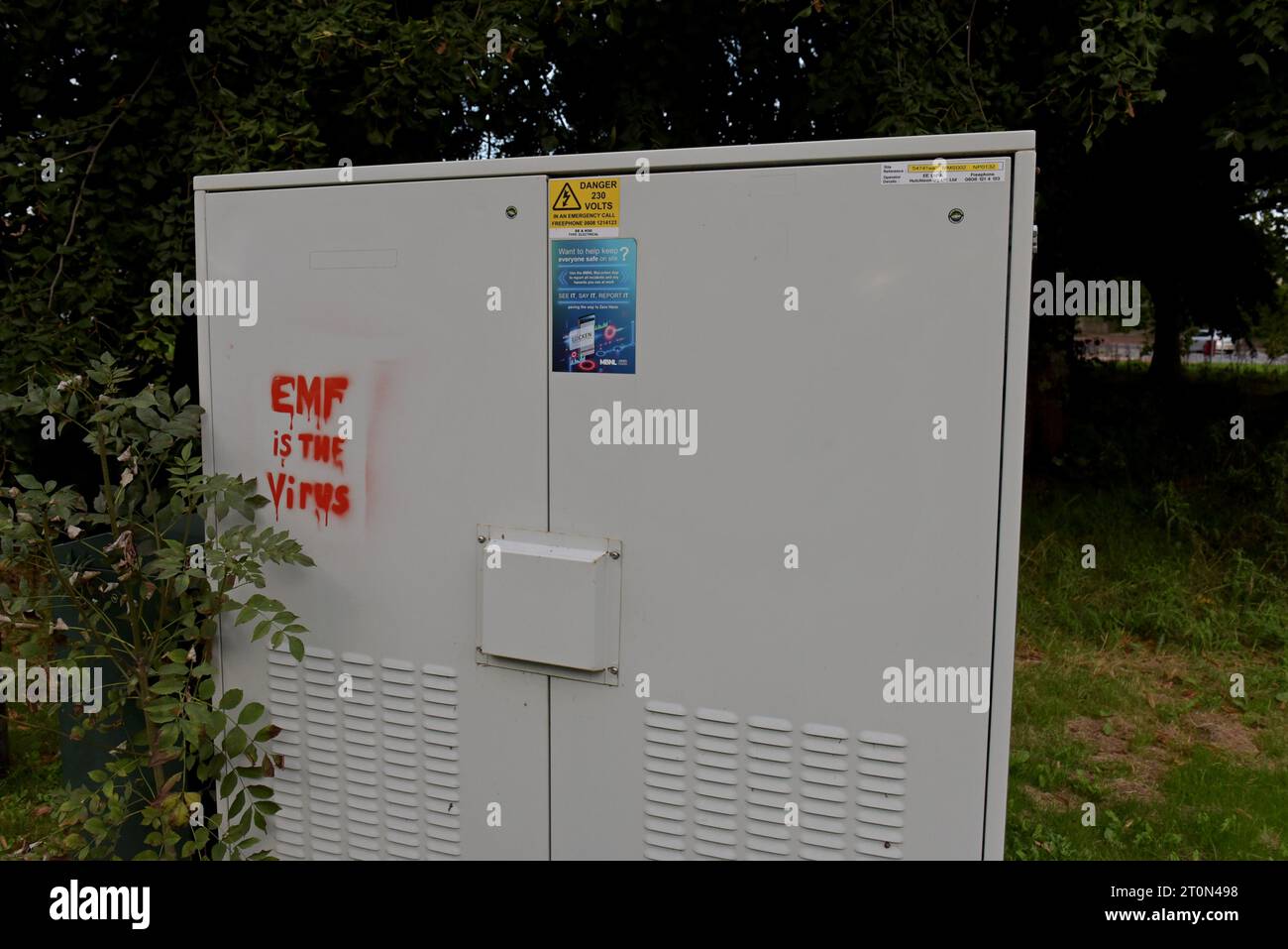 Stencil di graffiti di 5g teoria della cospirazione dell'albero del telefono cellulare circa la salute e le preoccupazioni di canapa sull'equiment antenna del telefono cellulare a Chepstow, Galles Foto Stock