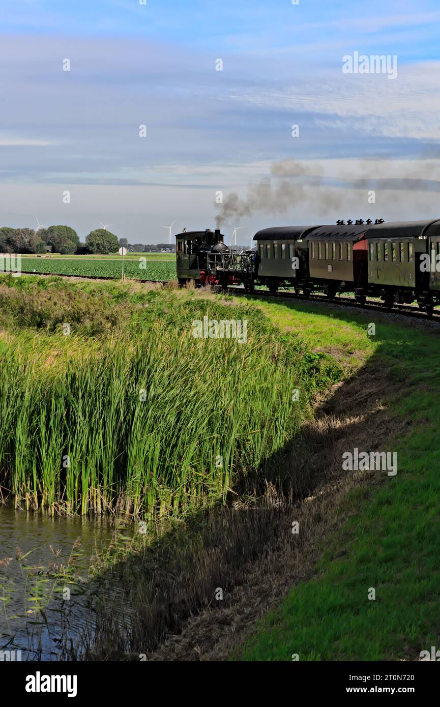 Piccolo tram a vapore che attraversa la campagna olandese, con vista dalla finestra, nostalgica attrazione turistica estiva nei Paesi Bassi Foto Stock