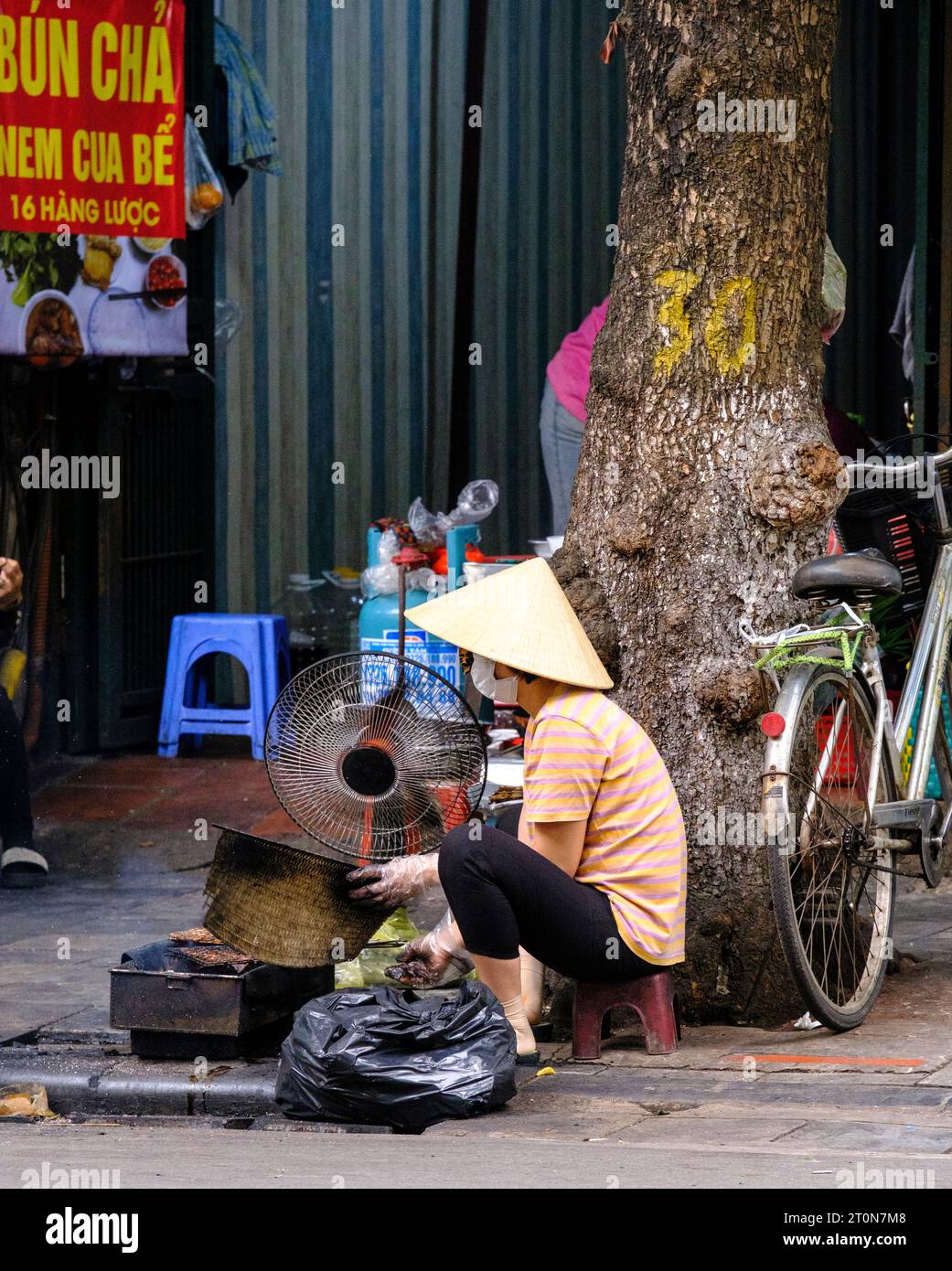 Hanoi, Vietnam. Donna che prepara carbone per cucinare cibo da strada. Foto Stock