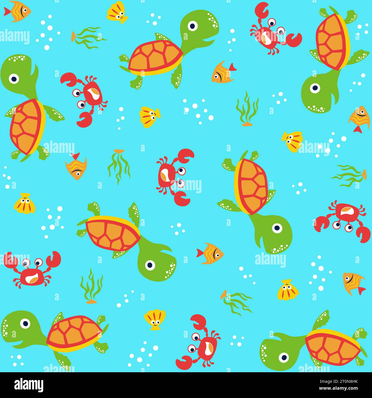 cartoni animati vettoriali modello senza cuciture di animali marini con elementi nautici Illustrazione Vettoriale