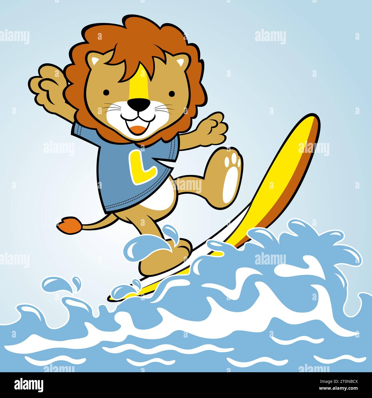 Divertente leone surf in spiaggia, illustrazione di cartoni animati vettoriali Illustrazione Vettoriale