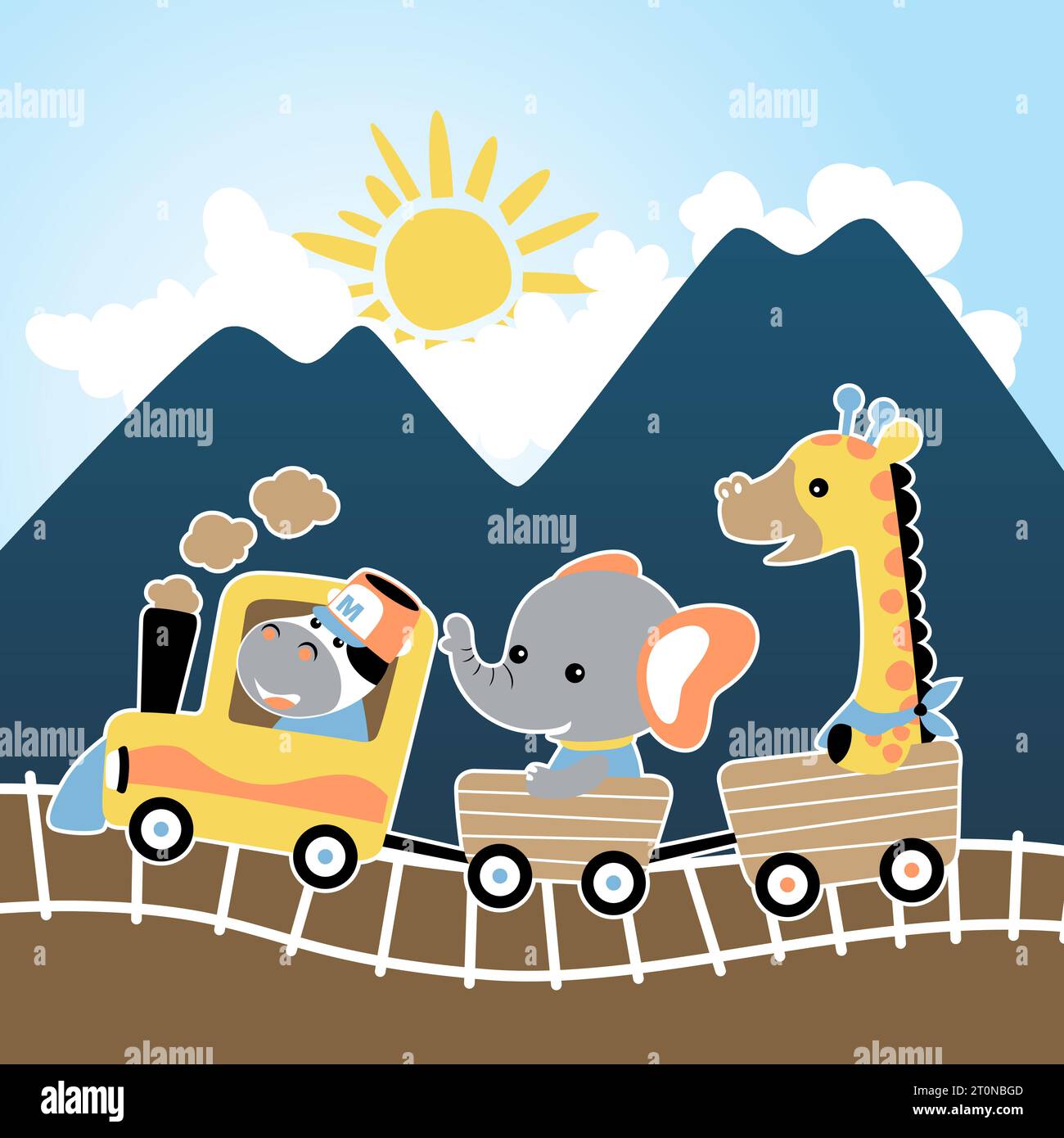 Cartoni animati vettoriali di simpatici animali viaggiano con il treno a vapore sullo sfondo delle montagne Illustrazione Vettoriale