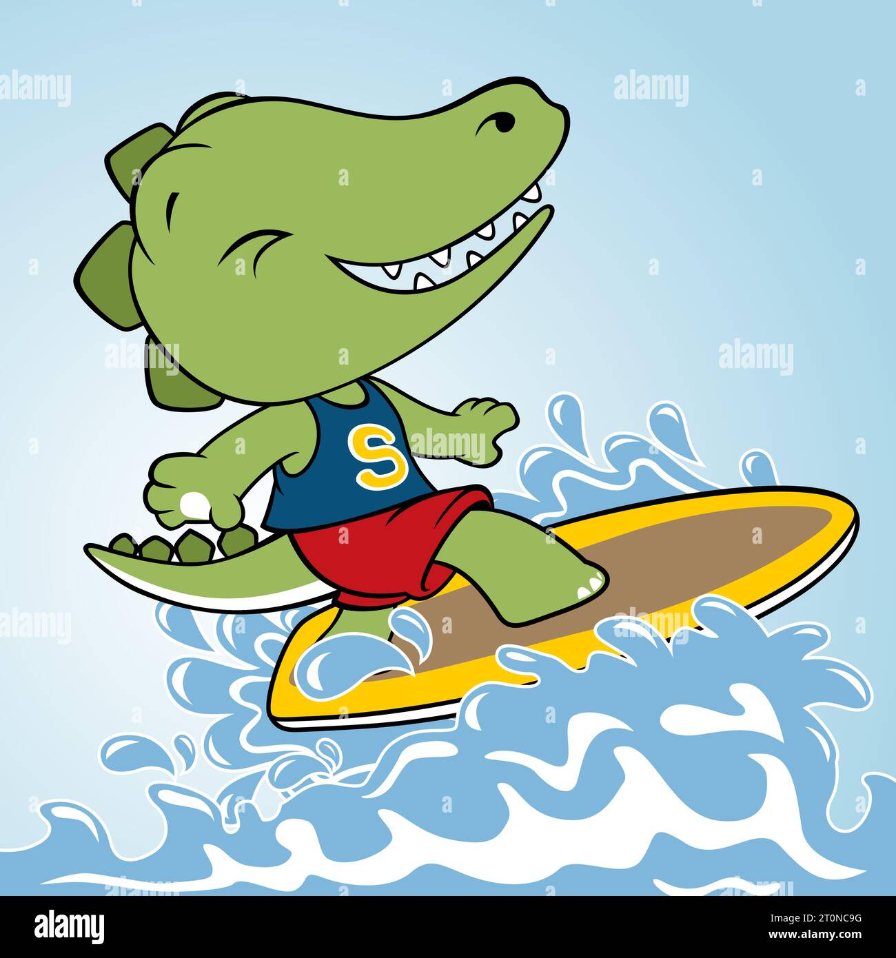 Divertente surf sui dinosauri, illustrazione dei cartoni animati vettoriali Illustrazione Vettoriale