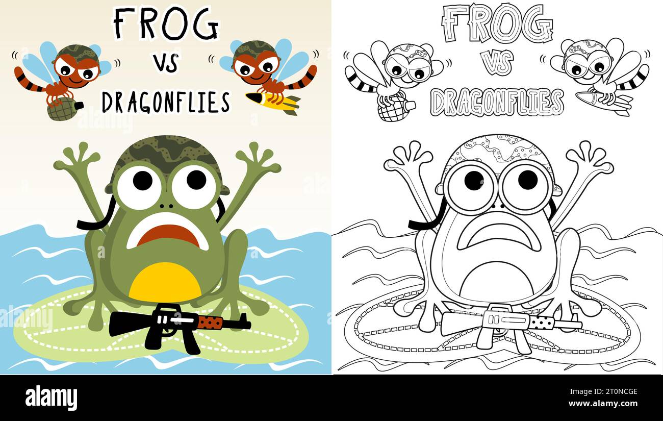 divertente guerra tra rana e libellule, illustrazione di cartoni animati vettoriali, pagine da colorare o libri Illustrazione Vettoriale