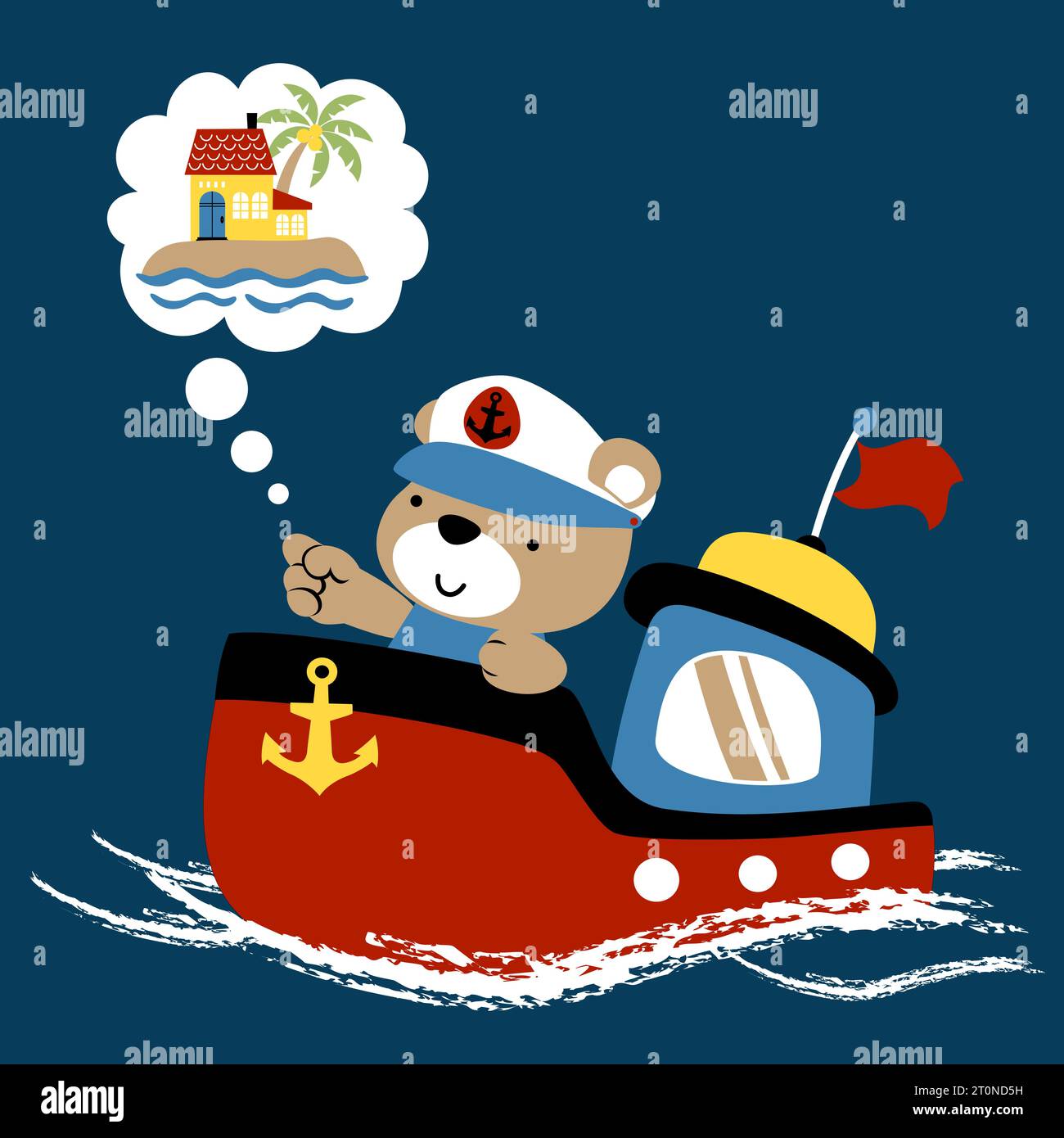 Simpatico orso in costume da marinaio su una piccola barca che torna a casa, illustrazione di cartoni animati vettoriali Illustrazione Vettoriale