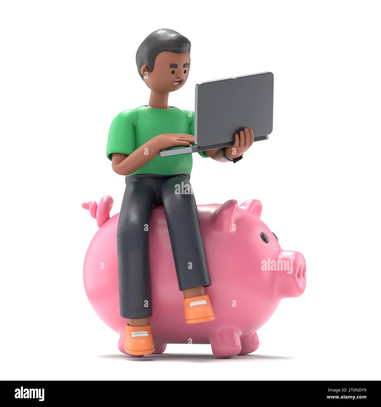 Illustrazione 3D dell'uomo afro David seduto con notebook su fondi Piggy Bank isolati su sfondo bianco illustrazione 3D. Raccolta persone 3D. Foto Stock