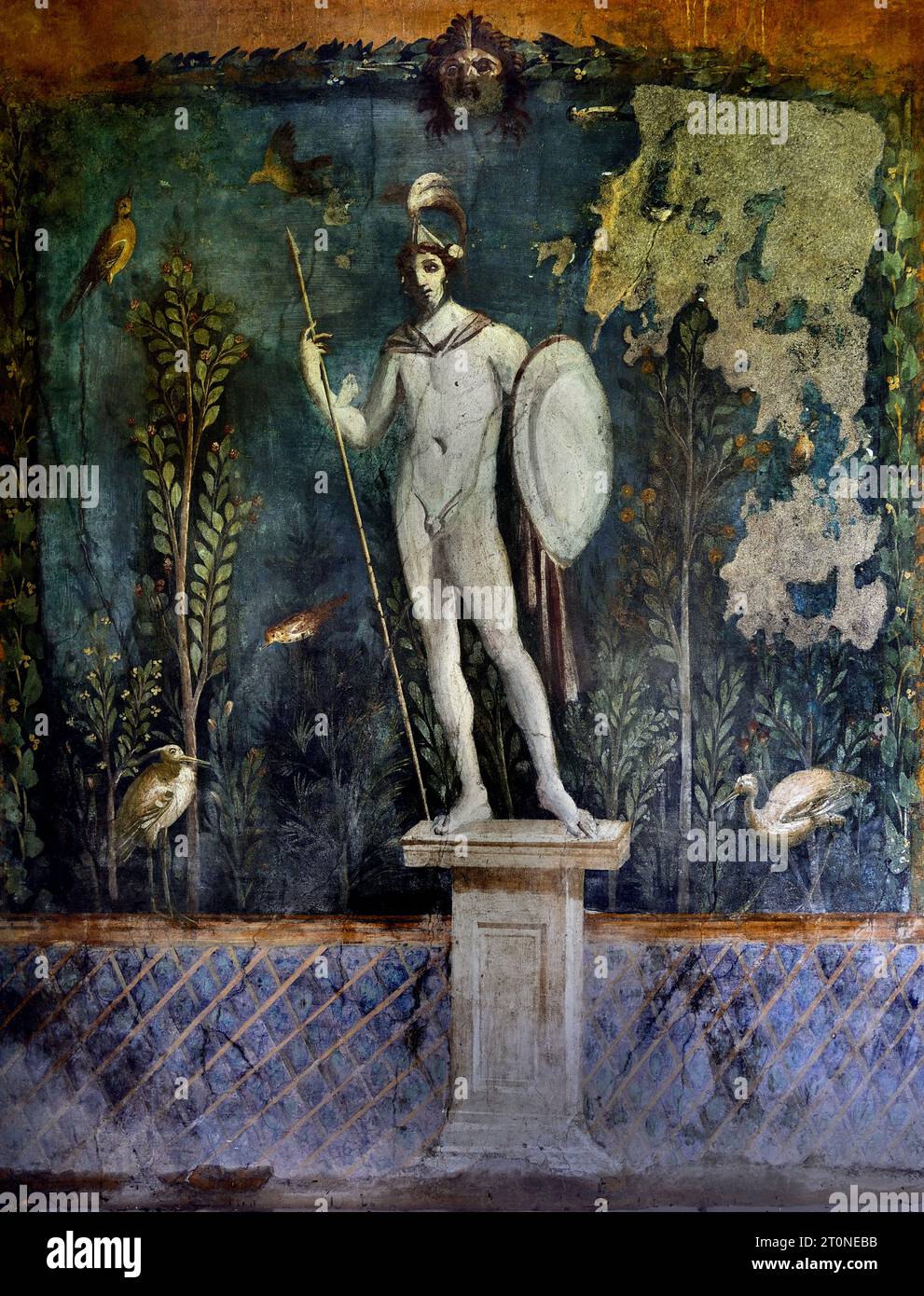 Statua di Marte nel giardino della Casa di Venere nella Shell Casa della Venere a Conchiglia, fresco Pompei città romana si trova vicino a Napoli, nella regione Campania. Pompei fu sepolta sotto 4-6 m di cenere vulcanica e pomice nell'eruzione del Vesuvio nel 79 d.C. Italia Foto Stock