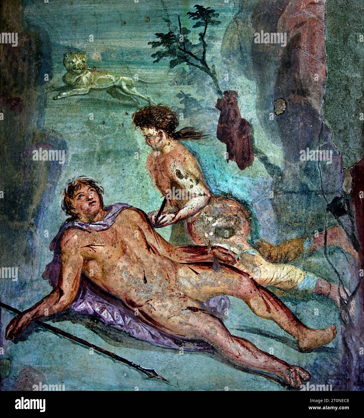 Fresco Pompei's Antiquarium City si trova vicino a Napoli, in Campania. Pompei fu sepolta sotto i 4-6 m di cenere vulcanica e pomice durante l'eruzione del Vesuvio nel 79 d.C. Italia Foto Stock