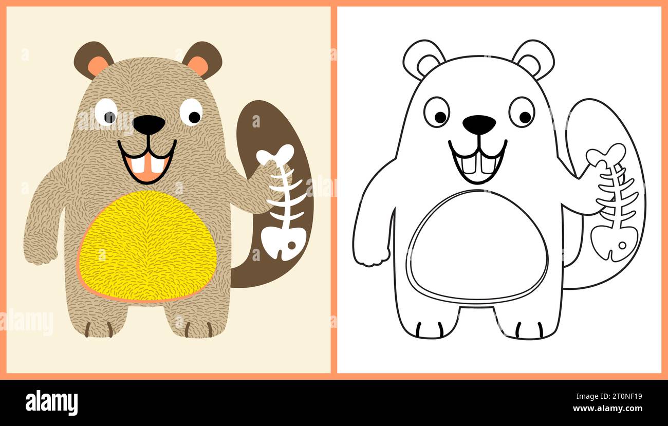 cartoni animati vettoriali con un divertente castoro che tiene le ossa di pesce, pagine da colorare o libri Illustrazione Vettoriale