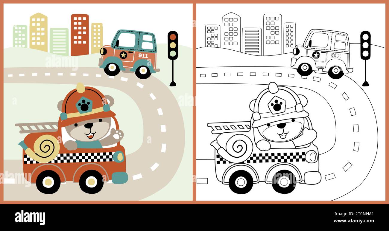 cartoni animati vettoriali di simpatici orsi su un camion dei pompieri con auto della polizia in città, libro da colorare o pagina Illustrazione Vettoriale