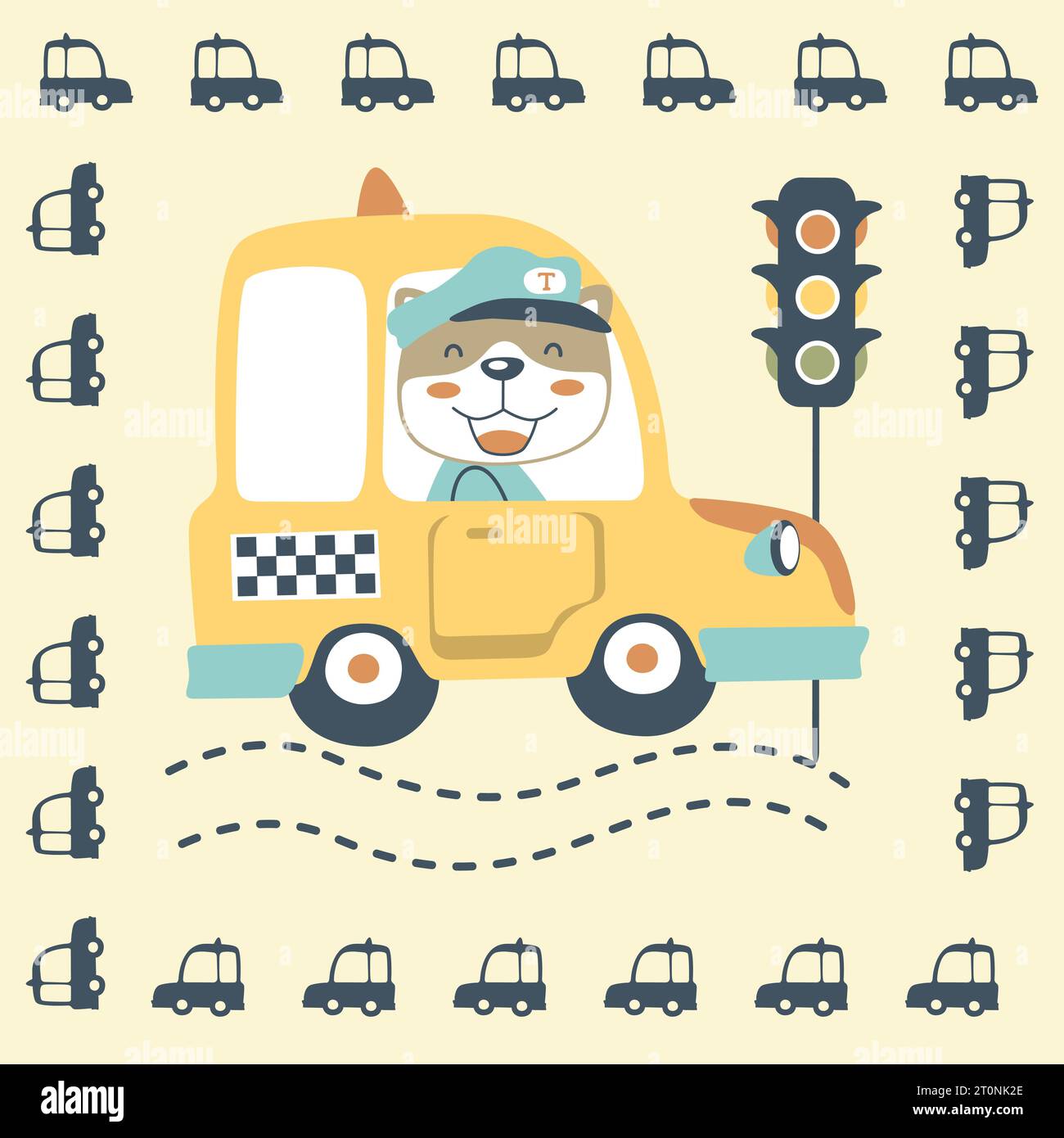 carino taxi per gatti in silhouette i veicoli incorniciano il bordo, cartoni animati vettoriali Illustrazione Vettoriale