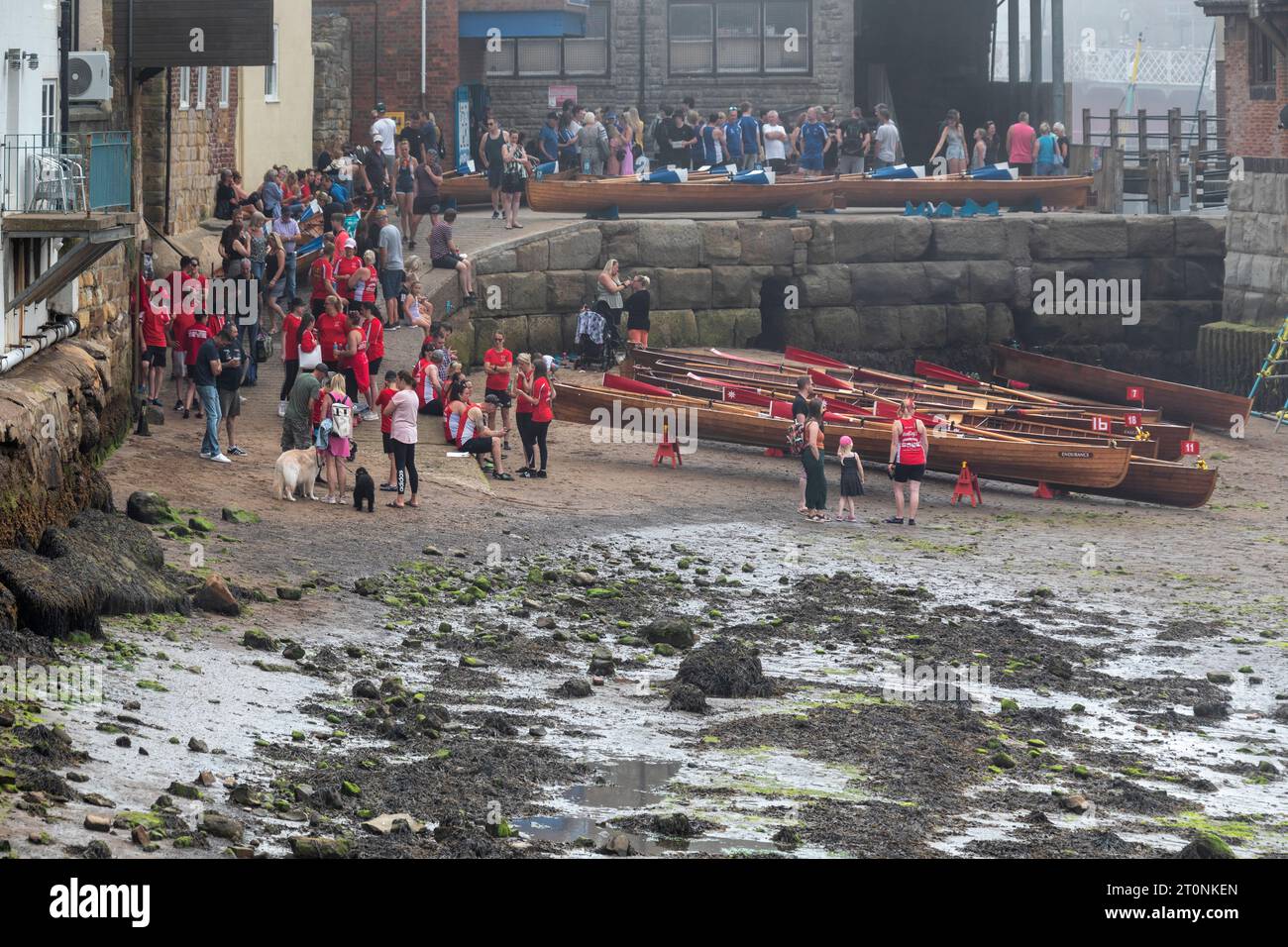 Whitby è una città di mare nello Yorkshire, nel nord dell'Inghilterra, divisa dal fiume Esk. Foto Stock