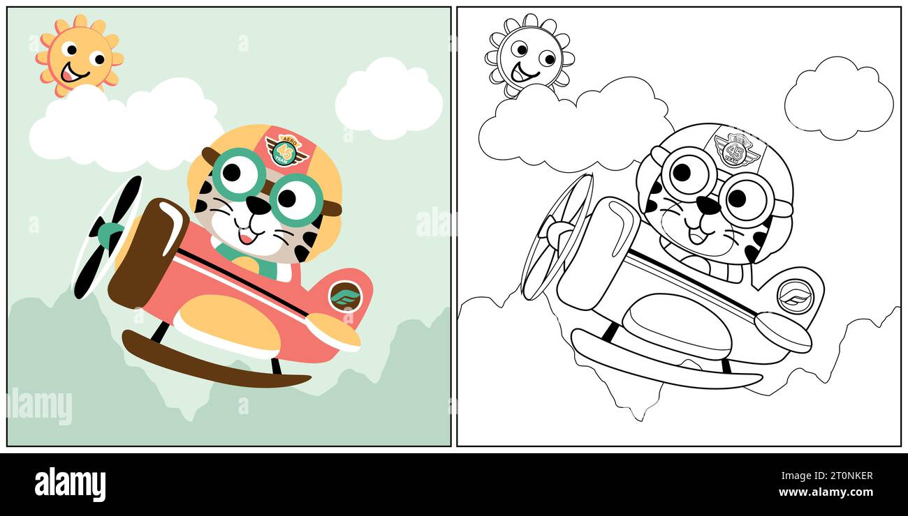 cartone animato vettoriale di una tigre divertente in aereo con sole sorridente in cielo, libro da colorare o pagina Illustrazione Vettoriale