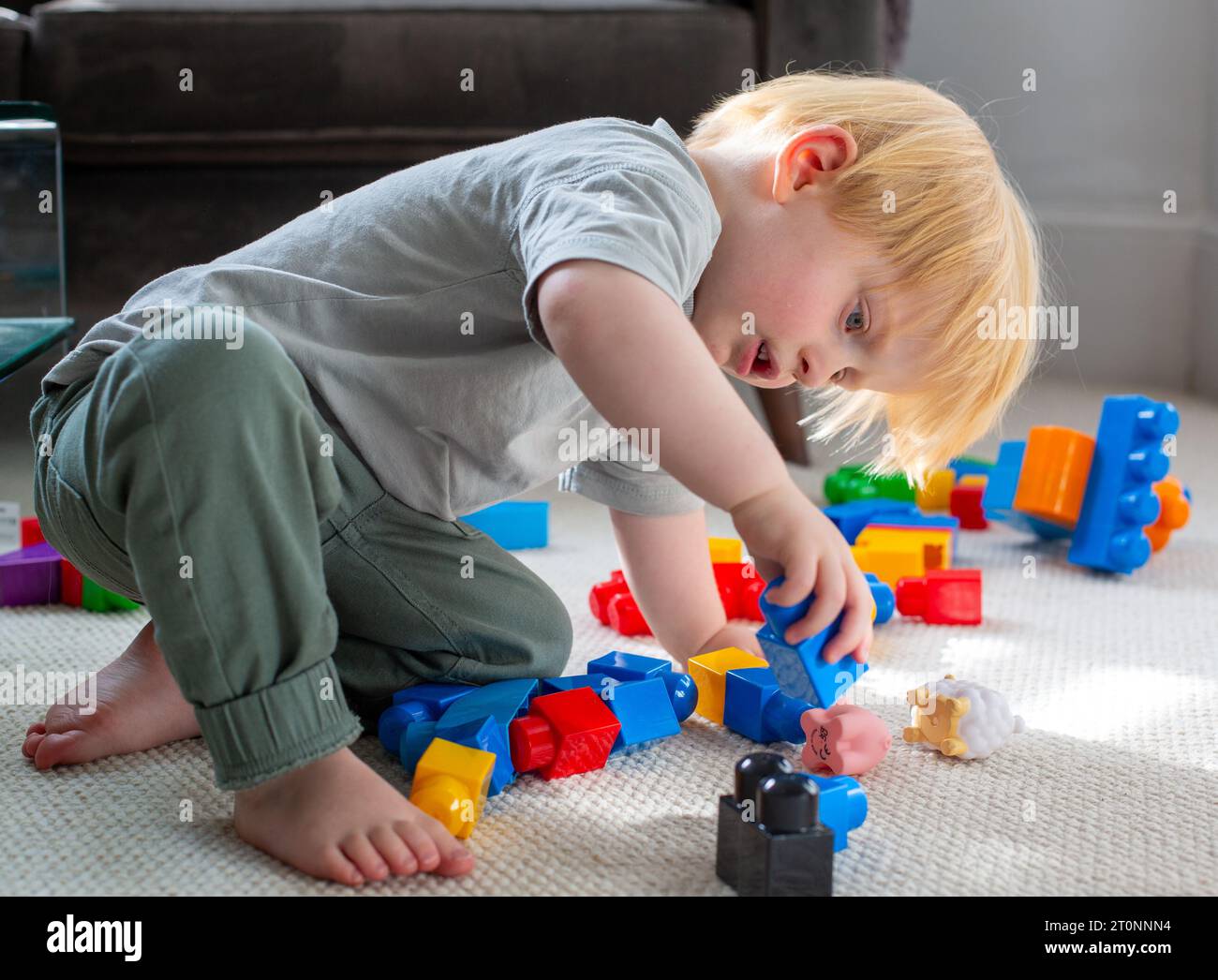 Bambino che gioca con i blocchi da costruzione. Foto Stock