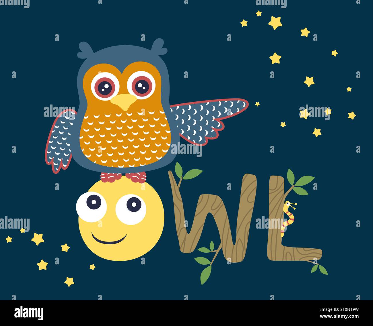 Divertente gufo animato sulla luna sorridente di notte, caterpillar si insinua sull'alfabeto di legno Illustrazione Vettoriale