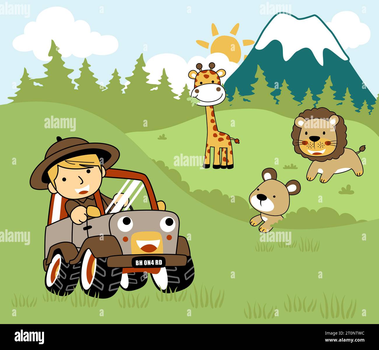 Bambino in auto nel parco safari con animali amichevoli, illustrazione di cartoni animati vettoriali Illustrazione Vettoriale