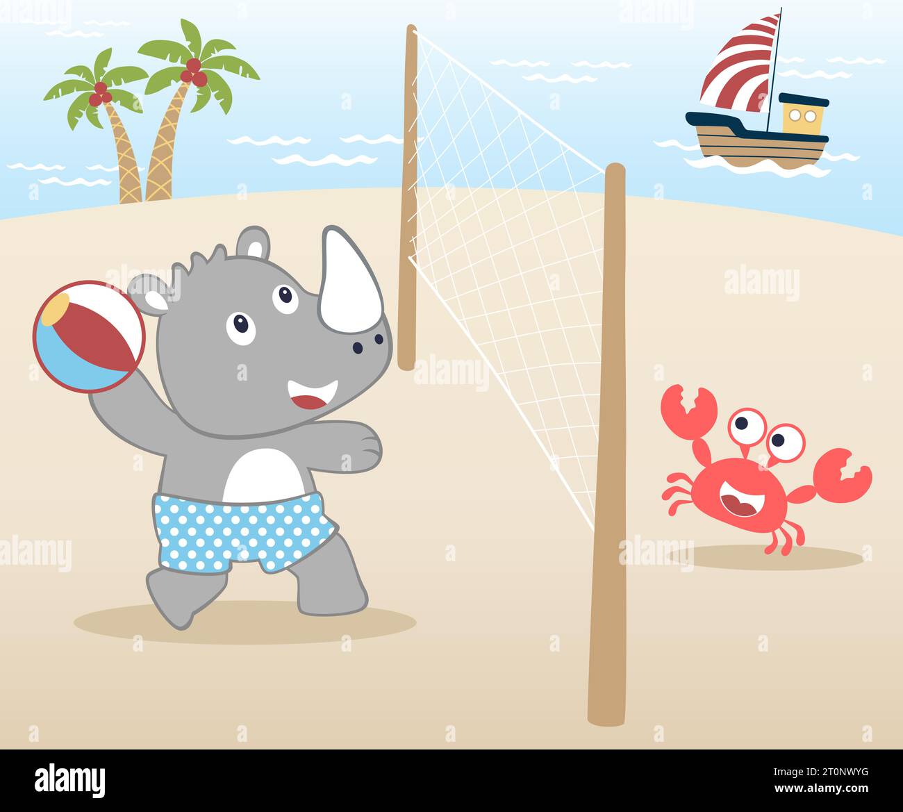illustrazione vettoriale di rinoceronte con piccoli granchi che giocano a pallavolo in spiaggia Illustrazione Vettoriale