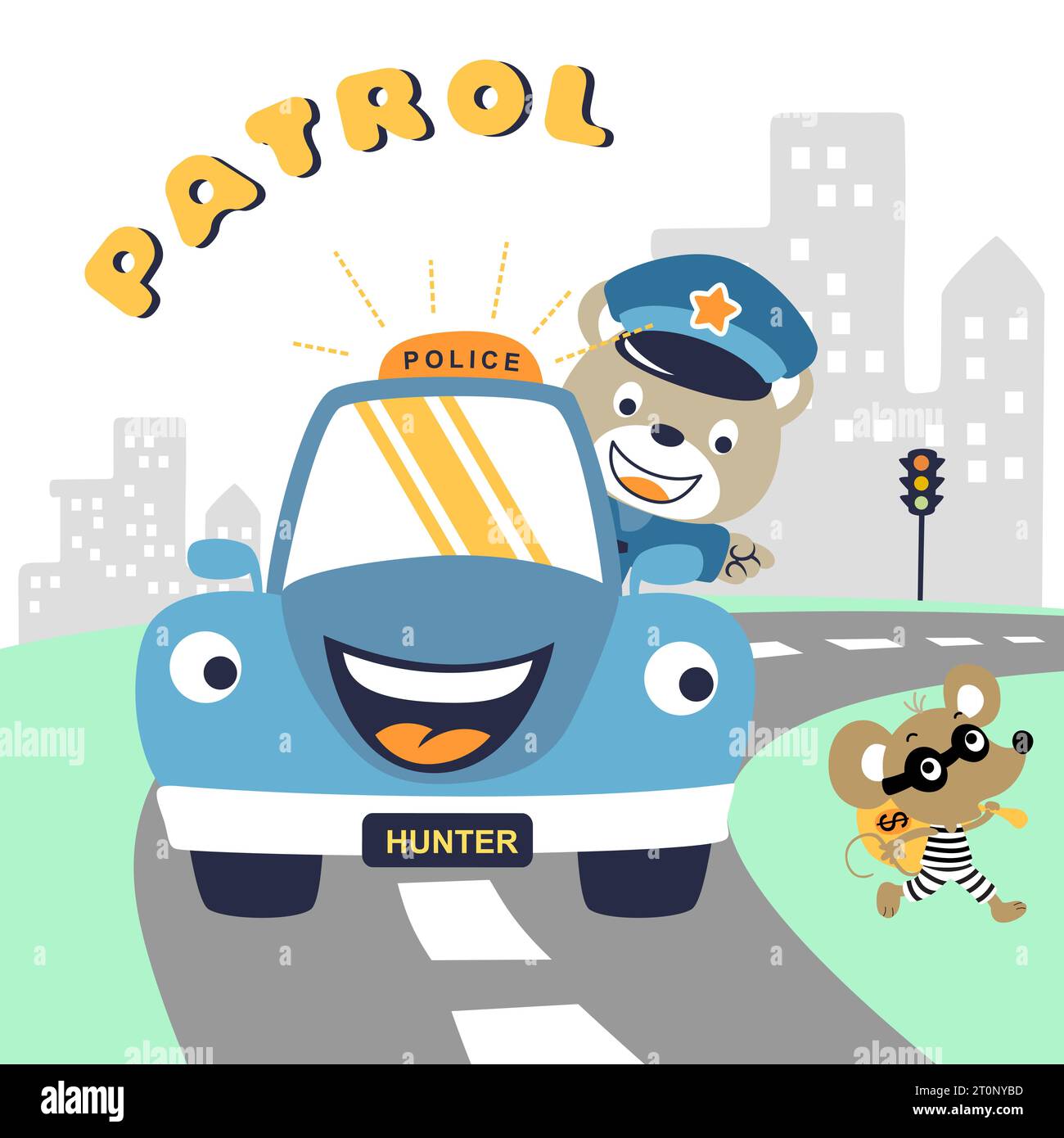 divertente orso sulla macchina della polizia che insegue un topo, illustrazione di cartoni animati vettoriali Illustrazione Vettoriale