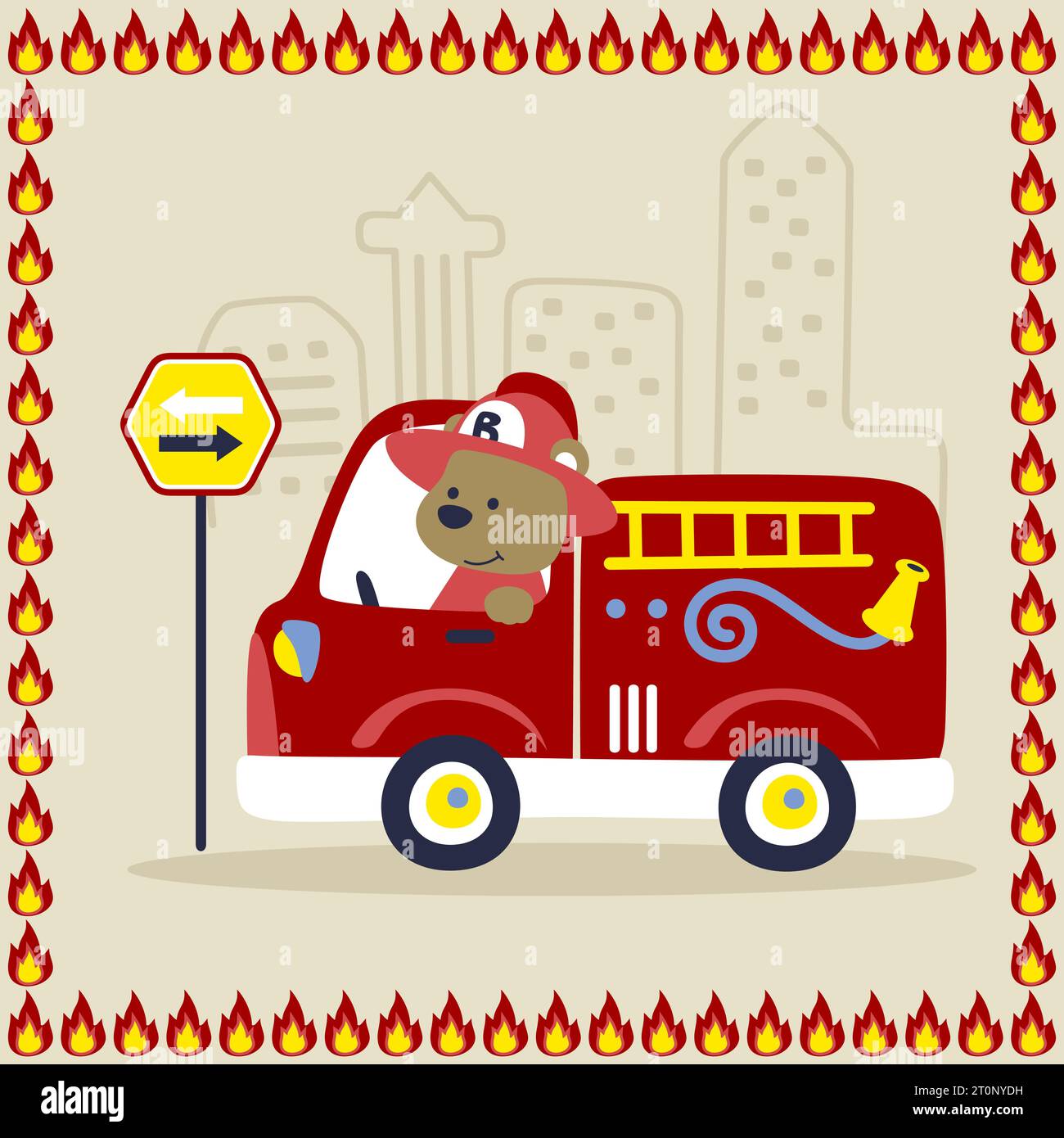 Vettore di cartoni animati di orso divertente sul camion dei pompieri nel bordo del telaio del fuoco Illustrazione Vettoriale