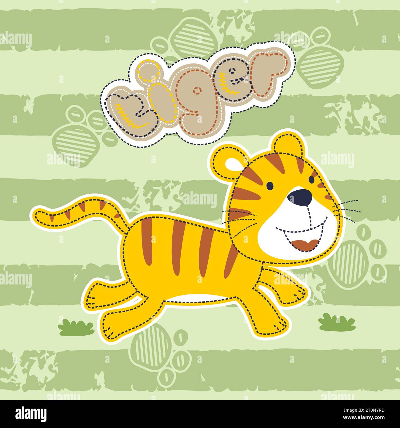 Buffo tigre corre su sfondo a righe, cartoni animati vettoriali Illustrazione Vettoriale