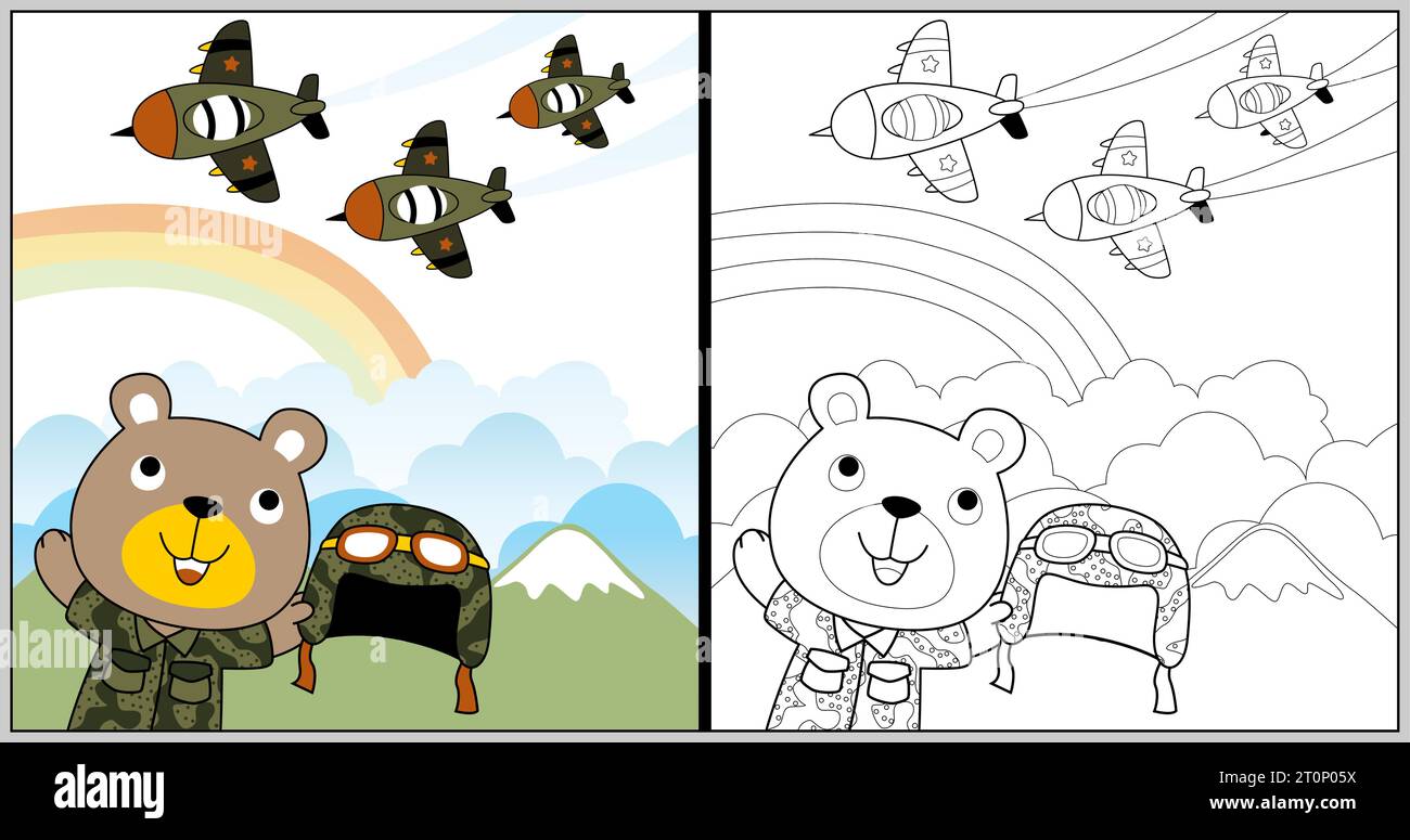 cartoni animati vettoriali di jet da combattimento con divertente soldato orso su sfondo arcobaleno, libro da colorare o pagina Illustrazione Vettoriale