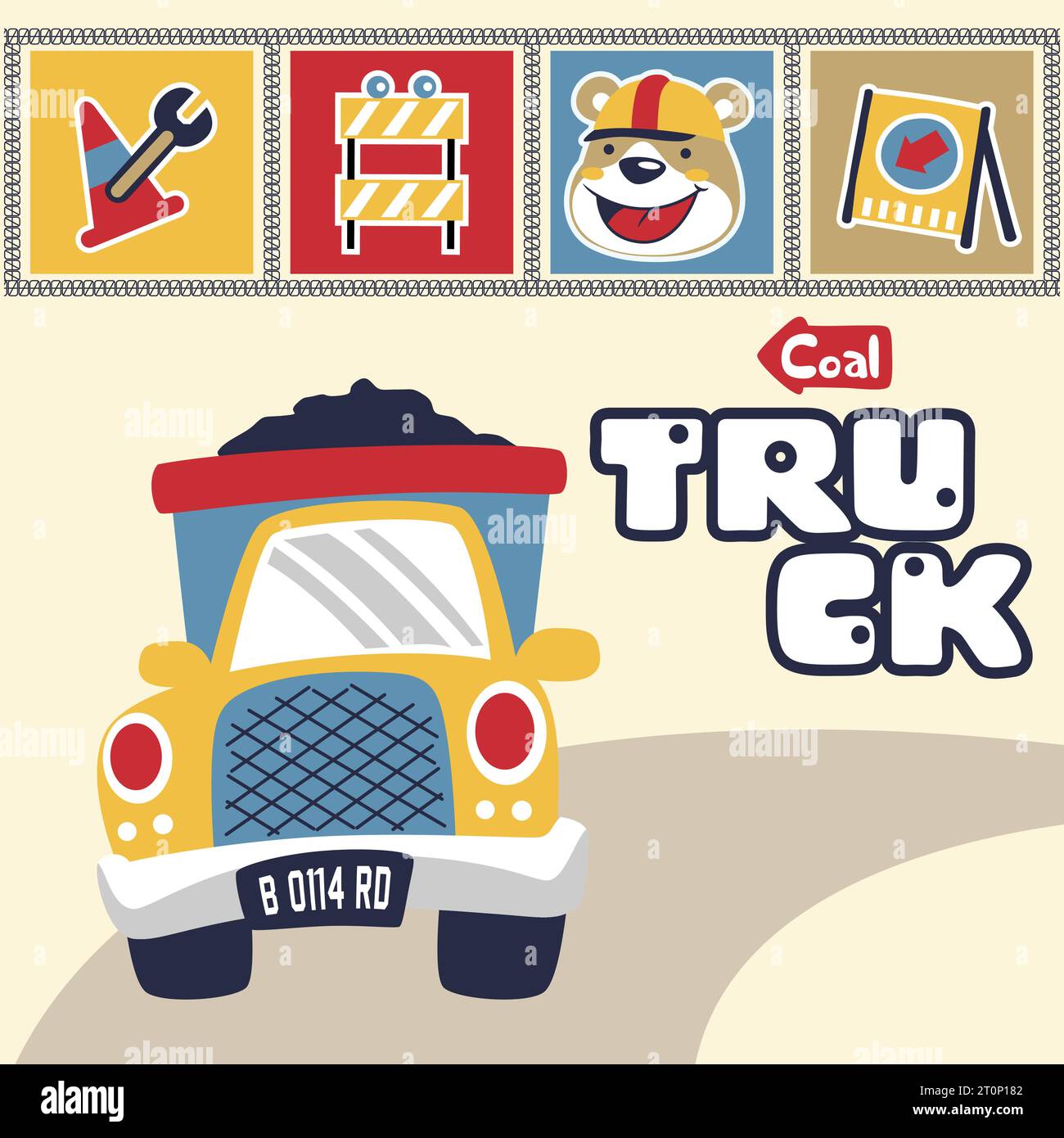 cartone animato vettoriale di camion con cartelli di costruzione e divertente faccia da orso Illustrazione Vettoriale