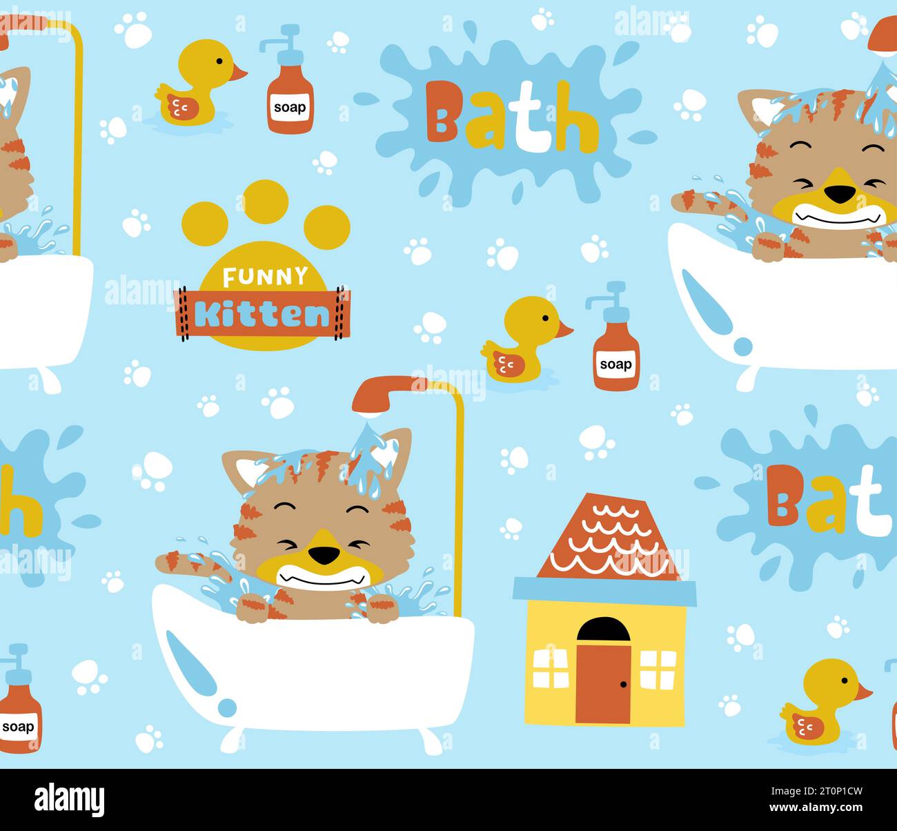 modello vettoriale senza cuciture di gattino da cartoni animati nella vasca da bagno con elemento bagno Illustrazione Vettoriale