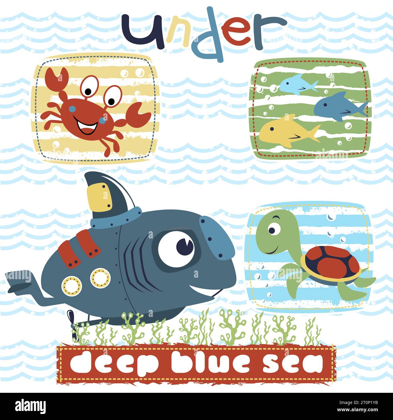 Divertente sottomarino con divertenti animali marini sottomarini Illustrazione Vettoriale