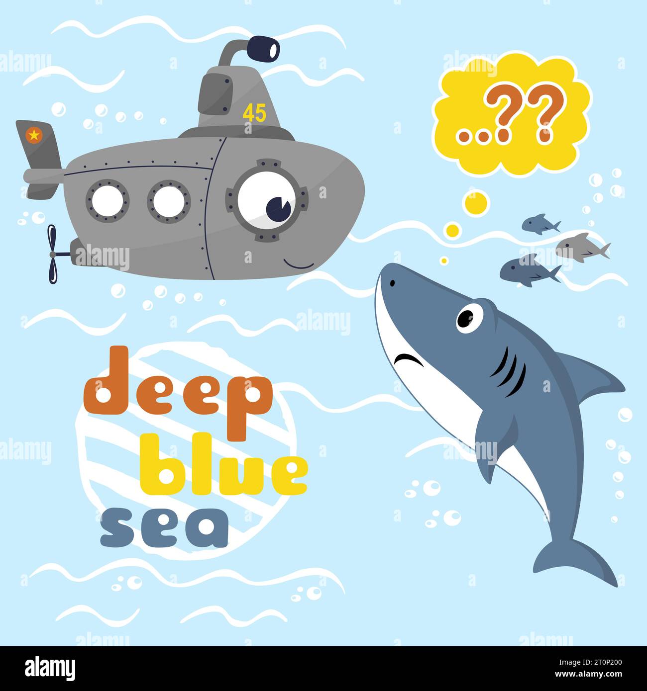divertente cartoni animati di divertente incontro sottomarino con lo squalo nel sottomarino Illustrazione Vettoriale