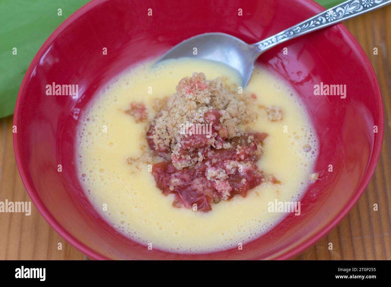 Una ciotola di rabarbaro e crumble di mele con crema pasticcera e cucchiaio Foto Stock