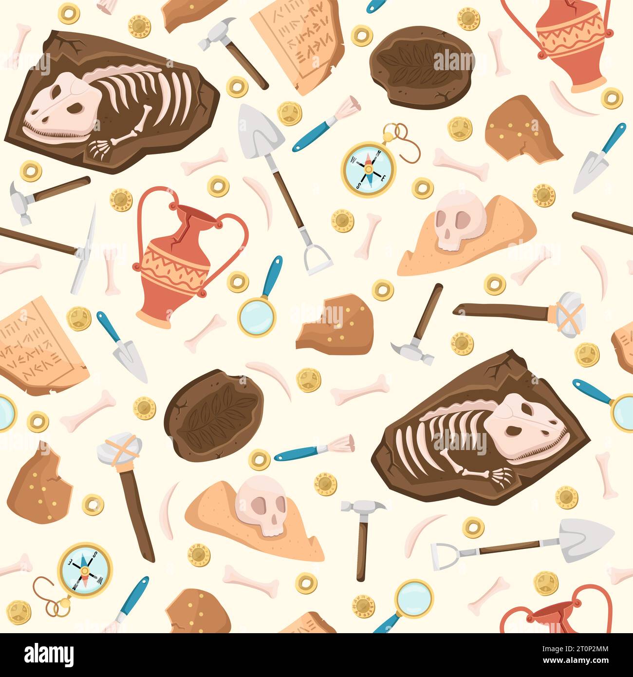 Pattern senza interruzioni con scavi archeologici. Vecchio vaso antico, scheletri animali e teschi umani nel suolo. Martello paleontologico. Decorazioni in tessuto Illustrazione Vettoriale