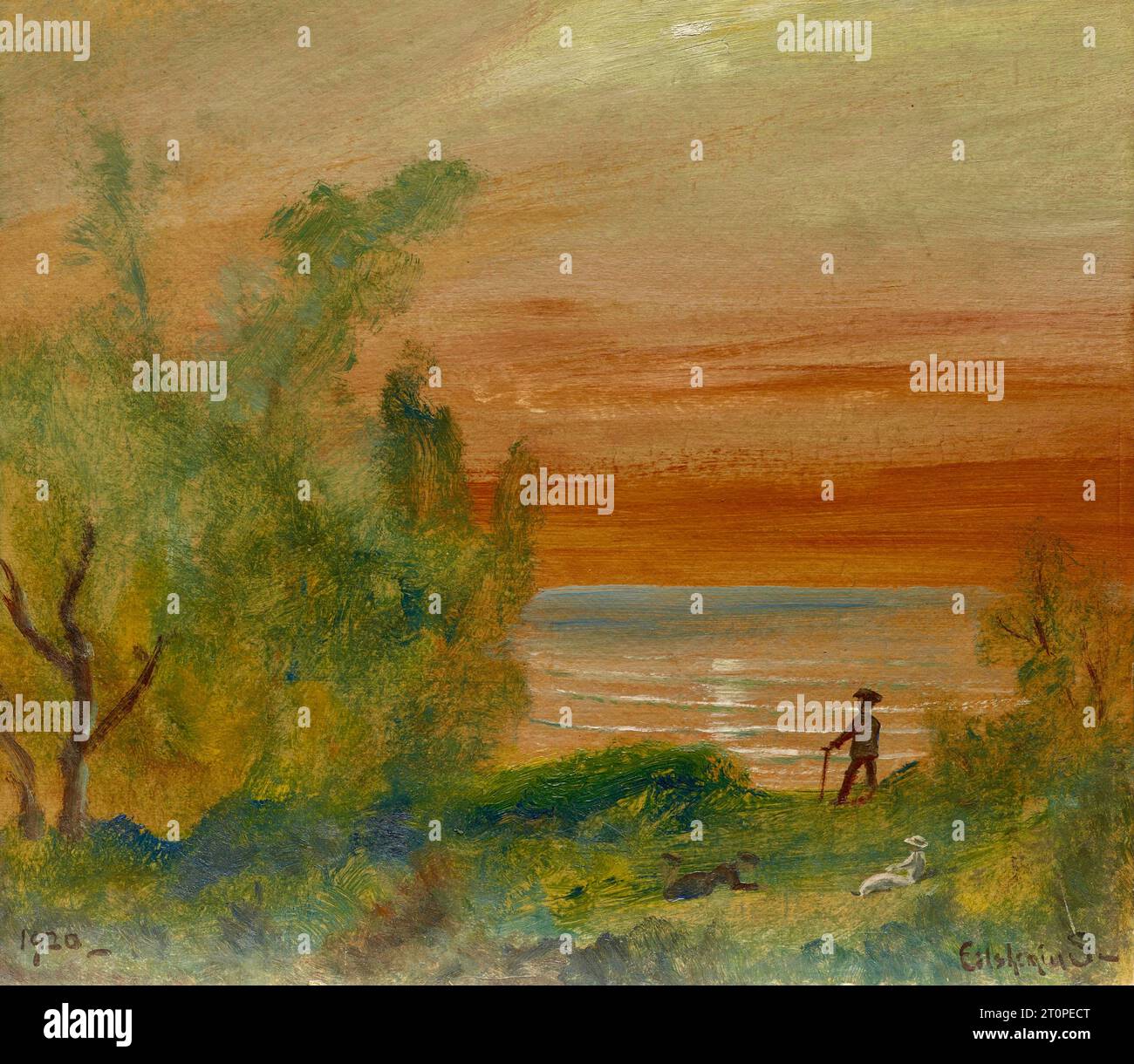 Louis Michel Eilshemius - tramonto con uomo in piedi sulla riva - 1920 Foto Stock