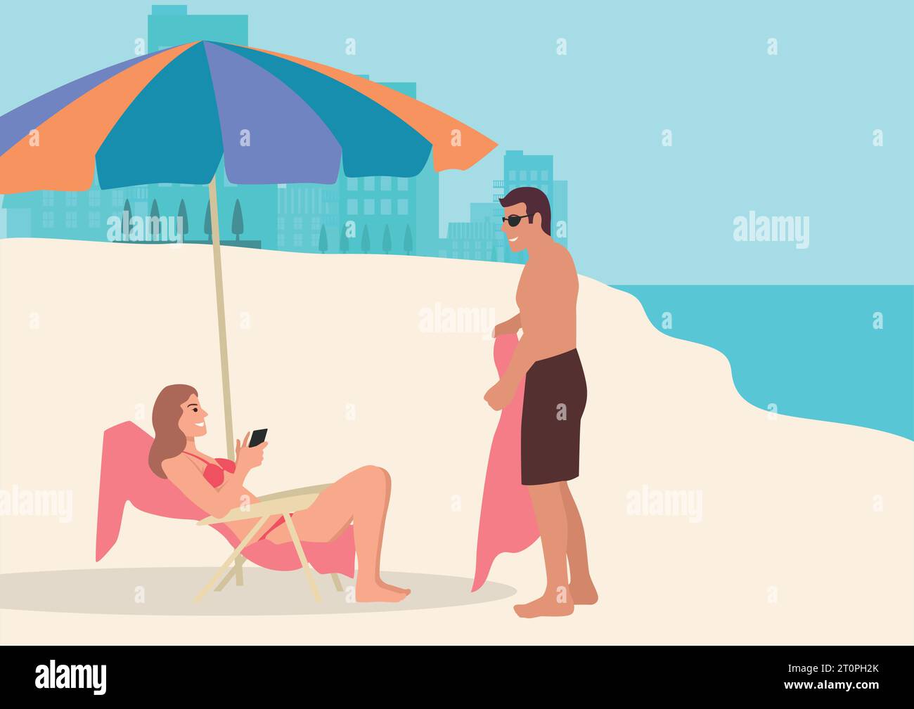 Semplice illustrazione a cartoni animati vettoriali di coppie che prendono il sole sulla spiaggia Illustrazione Vettoriale