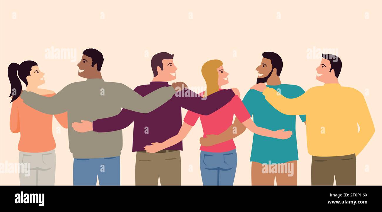 Semplice illustrazione vettoriale di cartone animato piatto di gruppo di persone multietniche, giornata internazionale della gioventù Illustrazione Vettoriale